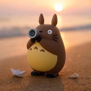 Cute Handpainted Totoro Inspired Large Figurine Playing Flute, Musical Theme Resin Decor and Collector Display