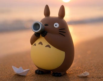 Cute Handpainted Totoro Inspired Large Figurine Playing Flute, Musical Theme Resin Decor and Collector Display
