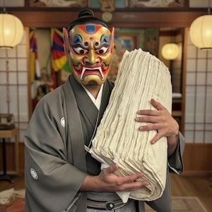 Könnte beinhalten: Eine Person mit einer traditionellen japanischen Noh-Maske mit goldenen, roten und blauen Akzenten und einem grauen Kimono, die einen großen, cremefarbenen Papiergegenstand hält. Die Maske hat einen grimmigen Ausdruck.