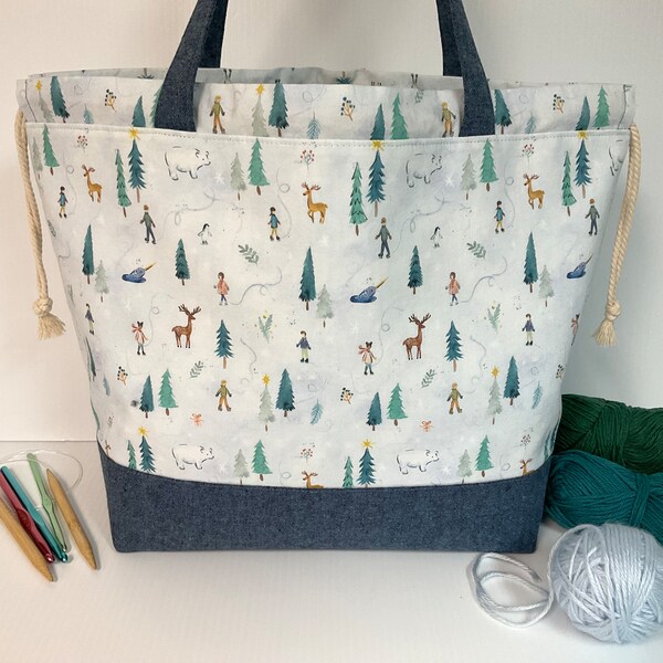 Very large roomy sweater knitting crochet drawstring project bag with inside pockets, winter woodland animals big wedged bag, knitter gift