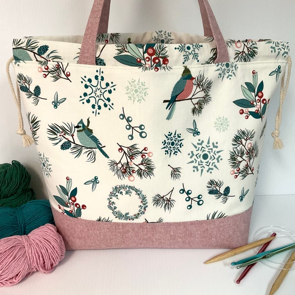 Very large XL drawstring project bag for knitting crochet, winter birds greenery, yarn bag with pockets, unique Christmas gift for knitter