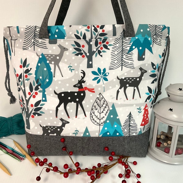 Very large drawstring project bag for sweater knitting crochet, winter snow deers trees yarn bag with pockets, Christmas gift for knitter