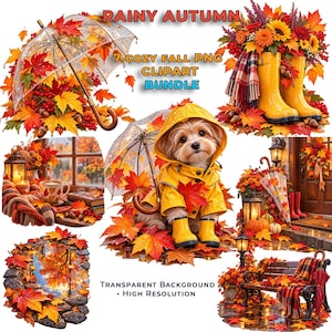 May include: A digital clipart bundle titled RAINY AUTUMN 7 COZY FALL PNG CLIPART BUNDLE featuring a puppy in a yellow raincoat, yellow rain boots, umbrellas, autumn leaves, pumpkins, a lantern, and a park bench on a transparent background.
