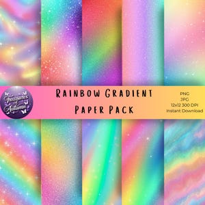 May include: A selection of rainbow gradient paper designs with glitter effects. The image shows a variety of colourful backgrounds, including pink, purple, green, and yellow. Text on the image reads "Rainbow Gradient Paper Pack."