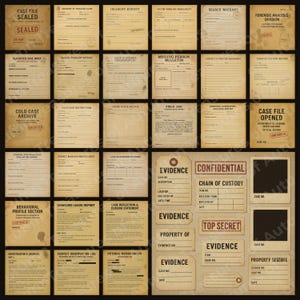 This image shows a tight grid of investigation pages from the main kit arranged in rows across a tan background. Each miniature preview displays aged reporting forms, evidence logs, witness interviews, and typed case notes. The aged textures, creases, and red stamps reinforce the realistic detective-office aesthetic. This grid helps buyers see how consistent the style is across all pages in the set.