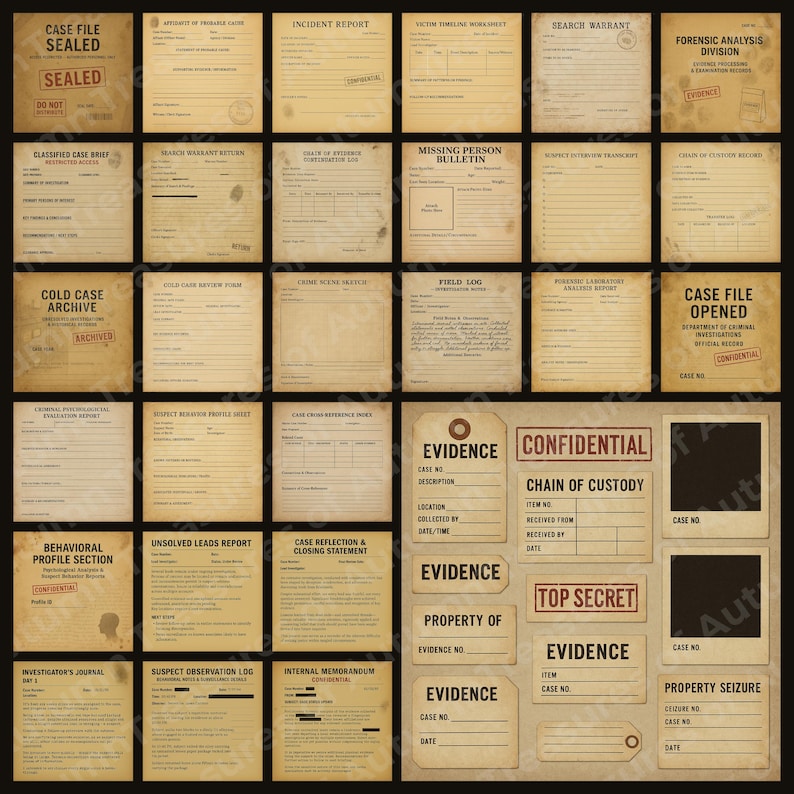 This image shows a tight grid of investigation pages from the main kit arranged in rows across a tan background. Each miniature preview displays aged reporting forms, evidence logs, witness interviews, and typed case notes. The aged textures, creases, and red stamps reinforce the realistic detective-office aesthetic. This grid helps buyers see how consistent the style is across all pages in the set.