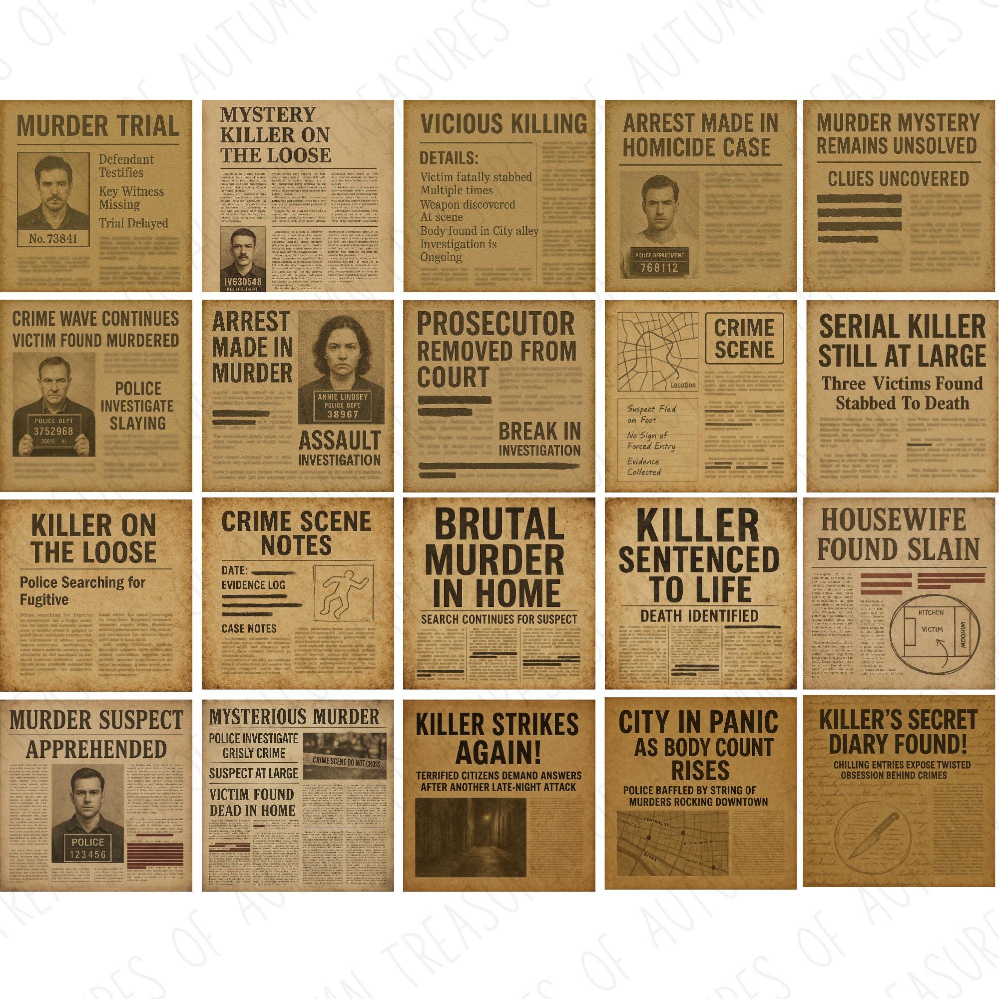Vintage True Crime Bundle Newspaper Headlines | Junk Journal Ephemera ...