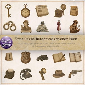 True crime detective sticker pack – retro investigation clipart set, noir crime scene graphics