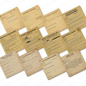 This image shows another set of two investigative pages featuring detailed question-and-answer sections, incident notes, and structured form fields. The aged textures and vintage government-style formatting create an authentic detective aesthetic. Buyers can see how these forms add depth to journals, case files, and forensic-themed crafting projects.