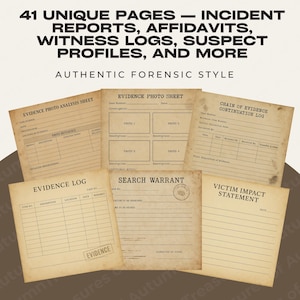 This image shows a large fan-style display of the 41 main crime scene investigation pages included in the bundle. The pages feature aged textures, detailed form fields, handwritten notes, fingerprint blocks, and red stamped markings. The spread emphasizes the variety and realism of the documents, giving buyers a strong sense of how the pages work together for journals, roleplay, scrapbooks, and detective-themed crafting projects.