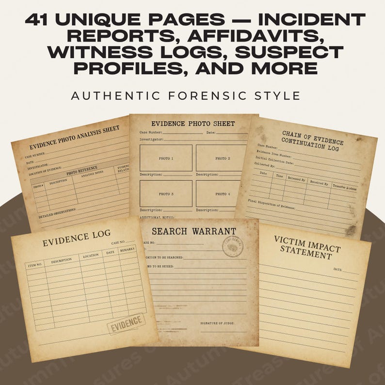 This image shows a large fan-style display of the 41 main crime scene investigation pages included in the bundle. The pages feature aged textures, detailed form fields, handwritten notes, fingerprint blocks, and red stamped markings. The spread emphasizes the variety and realism of the documents, giving buyers a strong sense of how the pages work together for journals, roleplay, scrapbooks, and detective-themed crafting projects.