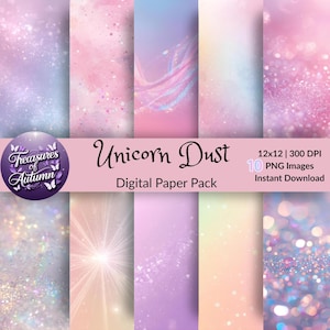 May include: A digital paper pack titled "Unicorn Dust" featuring ten 12x12 inch PNG images. The pack includes various pastel backgrounds with glitter and bokeh effects. The "Treasures of Autumn" logo is also visible.