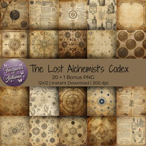 Witchy grimoire printable pages – 21 occult alchemist journal papers & spellbook background kit