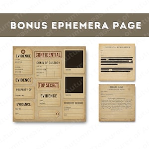 This image highlights a bonus ephemera sheet included in the bundle. It features small printable elements such as evidence tags, labels, Polaroid-style photographs, and forensic stickers, all designed with vintage textures and distressed edges. These extras are perfect for layering into junk journals, case file props, or mystery event materials. The layout shows each piece clearly, helping buyers understand how versatile the ephemera is.