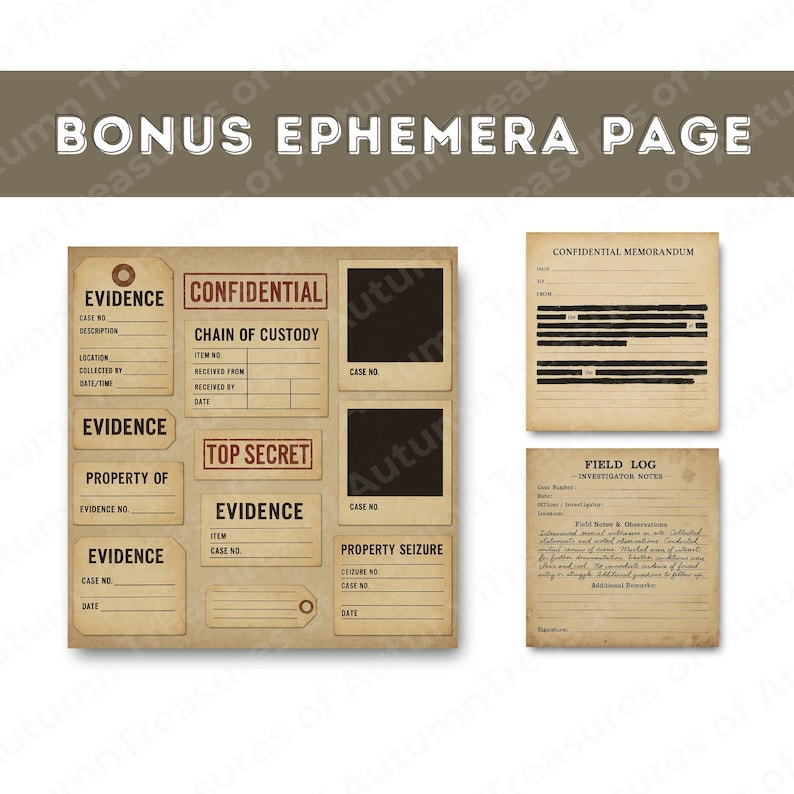 This image highlights a bonus ephemera sheet included in the bundle. It features small printable elements such as evidence tags, labels, Polaroid-style photographs, and forensic stickers, all designed with vintage textures and distressed edges. These extras are perfect for layering into junk journals, case file props, or mystery event materials. The layout shows each piece clearly, helping buyers understand how versatile the ephemera is.