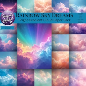 May include: A digital paper pack titled "Rainbow Sky Dreams" featuring bright gradient cloud designs in various colors. The pack includes 20 images in JPG, PNG, and PDF formats, with sizes up to 12x12 inches.