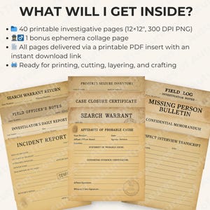 This image displays a clean informational layout explaining what is included in the forensic printable bundle. It shows several stacked investigation-style pages with aged paper effects, typewriter-style text, and realistic details such as evidence forms, suspect reports, and case file documents. A text panel at the top outlines the number of pages and categories included, helping buyers instantly understand the scale and contents of the true crime digital bundle.