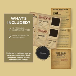 This image shows a green-toned information card summarizing what comes in the bundle. On the right side, a small collage of example pages—such as evidence forms, investigation notes, and crime scene reports—appears stacked together. The card uses clean typography and a detective-style aesthetic to explain page counts and included collections. It helps buyers quickly understand the scope of the printable forensic kit.