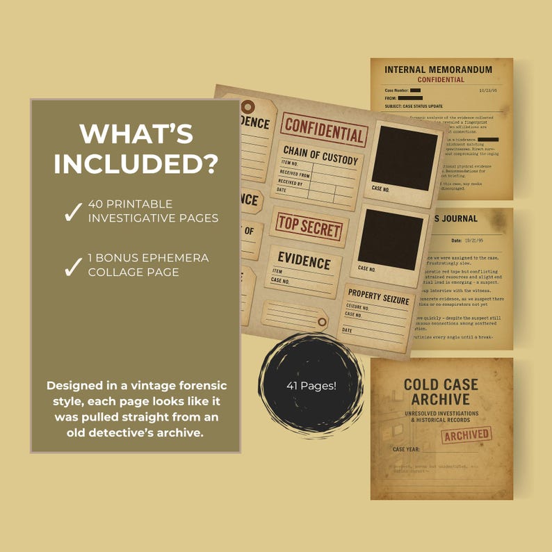 This image shows a green-toned information card summarizing what comes in the bundle. On the right side, a small collage of example pages—such as evidence forms, investigation notes, and crime scene reports—appears stacked together. The card uses clean typography and a detective-style aesthetic to explain page counts and included collections. It helps buyers quickly understand the scope of the printable forensic kit.