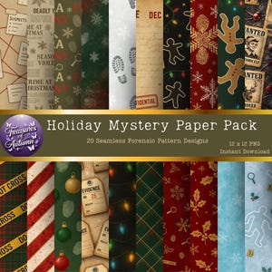 May include: A collection of 20 seamless forensic pattern designs for the holidays. The designs include crime scene tape, snowflakes, footprints, gingerbread men, and wanted posters. The text reads "Holiday Mystery Paper Pack" and "12 x 12 PNG Instant Download."