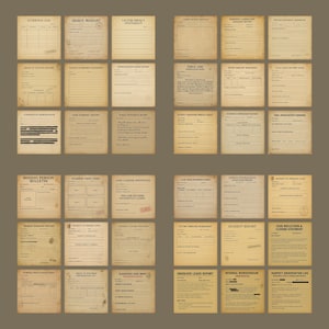 A grid-style preview of homicide add-on pages showing forms such as suspect statements, interrogation sheets, crime scene reports, and incident logs. The aged parchment textures and typewriter-style formatting give the pages an authentic true-crime tone. This collage demonstrates how the homicide pack blends seamlessly with the main kit and is ideal for building more complex case file narratives in journals or mystery games.