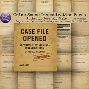This image features a vintage “Case File Opened” cover styled like an official police investigation folder, complete with aged manila textures, red CONFIDENTIAL stamps, and realistic document details. Surrounding the main cover are faded investigation pages, fingerprint cards, and crime scene paperwork arranged neatly to preview the forensic theme. The design creates an immersive true-crime aesthetic ideal for detective journals, mystery games, and scrapbook storytelling.