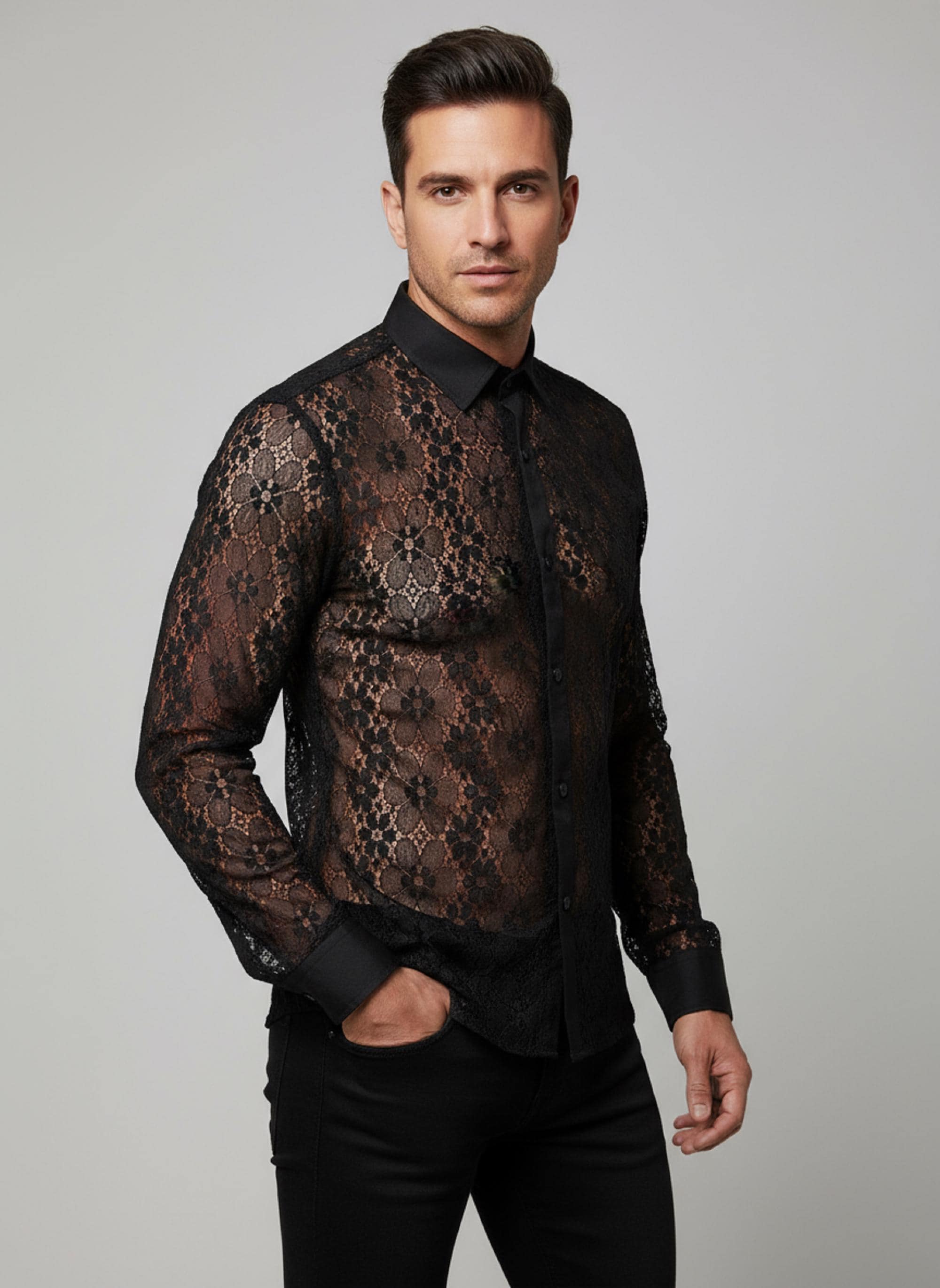 Men's Gothic Floral Lace Sheer Shirt: Long Sleeve Button-up - Etsy