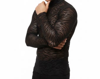 Camisa de cuello alto de malla con rayas de cebra para hombre, top negro transparente de manga larga, ropa de fiesta y club de corte entallado, moda elegante para salir de noche.