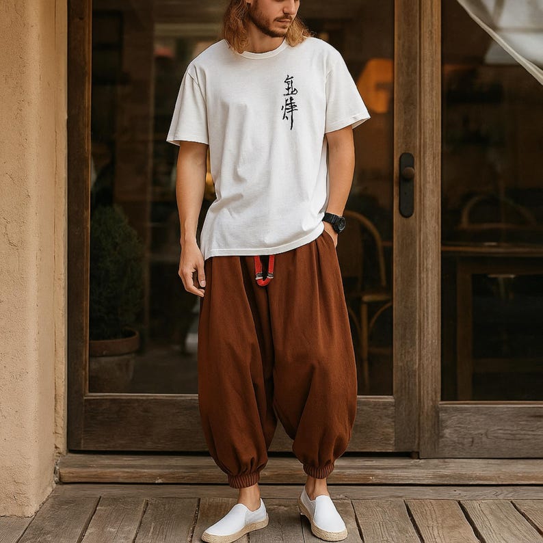 May include: A person wearing a white short-sleeve t-shirt with black Japanese characters and brown harem pants. The pants have a drawstring waist and are gathered at the ankles. The person is also wearing white shoes.