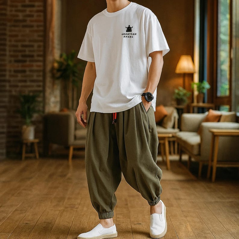 May include: A person wearing a white t-shirt with the text "AMERICAN ANARS" and a small graphic. They are also wearing olive green harem pants and white slip-on shoes. A black watch is on the person's wrist.