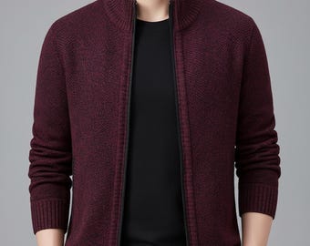 Cárdigan de punto texturizado con cremallera completa para hombre: Chaqueta tipo suéter con cuello alto