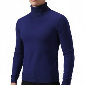 May include: A navy blue turtleneck sweater. The long-sleeved sweater has a ribbed turtleneck collar, cuffs, and hem. The sweater is made of a soft, knit material. The overall style is classic and versatile.