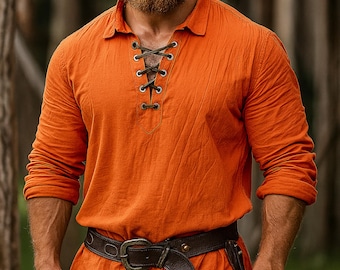 Men's Cotton Linen Viking Shirt: Lace-Up Medieval Pirate Top