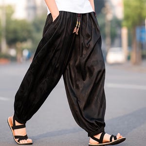 Men’s Black Drop-Crotch Boho Harem Pants | Loose Fit Cotton Yoga Festival Trousers