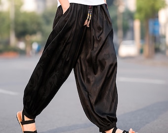 Men’s Black Drop-Crotch Boho Harem Pants | Loose Fit Cotton Yoga Festival Trousers