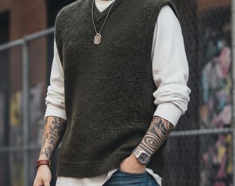 Chaleco de punto oliva para hombre: Top retro sin mangas con cuello en V