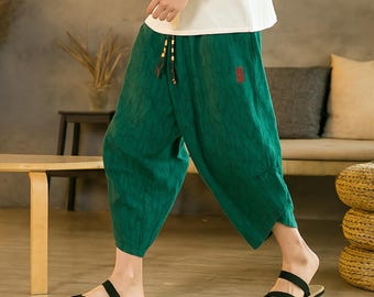 Cotton Linen Harem Pants: Boho Yoga Trousers with Drawstring