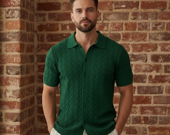 Herren Viskose Strick-Poloshirt: Vintage Style Textured Button-Up