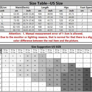 May include: A size chart with measurements in centimeters and inches for waist, length, hips, and foot opening. Includes a size suggestion table based on weight and height, with sizes ranging from S to XXXL.