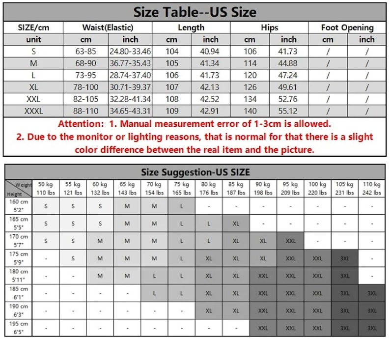 May include: A size chart with measurements in centimeters and inches for waist, length, hips, and foot opening. Includes a size suggestion table based on weight and height, with sizes ranging from S to XXXL.