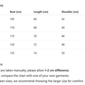 May include: A size chart in centimeters for clothing, with measurements for bust, length, shoulder, and sleeve. Sizes range from M to XXXL, with corresponding US sizes. Includes notes for buyers about measurements and fit.