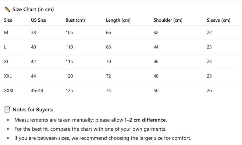 May include: A size chart in centimeters for clothing, with measurements for bust, length, shoulder, and sleeve. Sizes range from M to XXXL, with corresponding US sizes. Includes notes for buyers about measurements and fit.