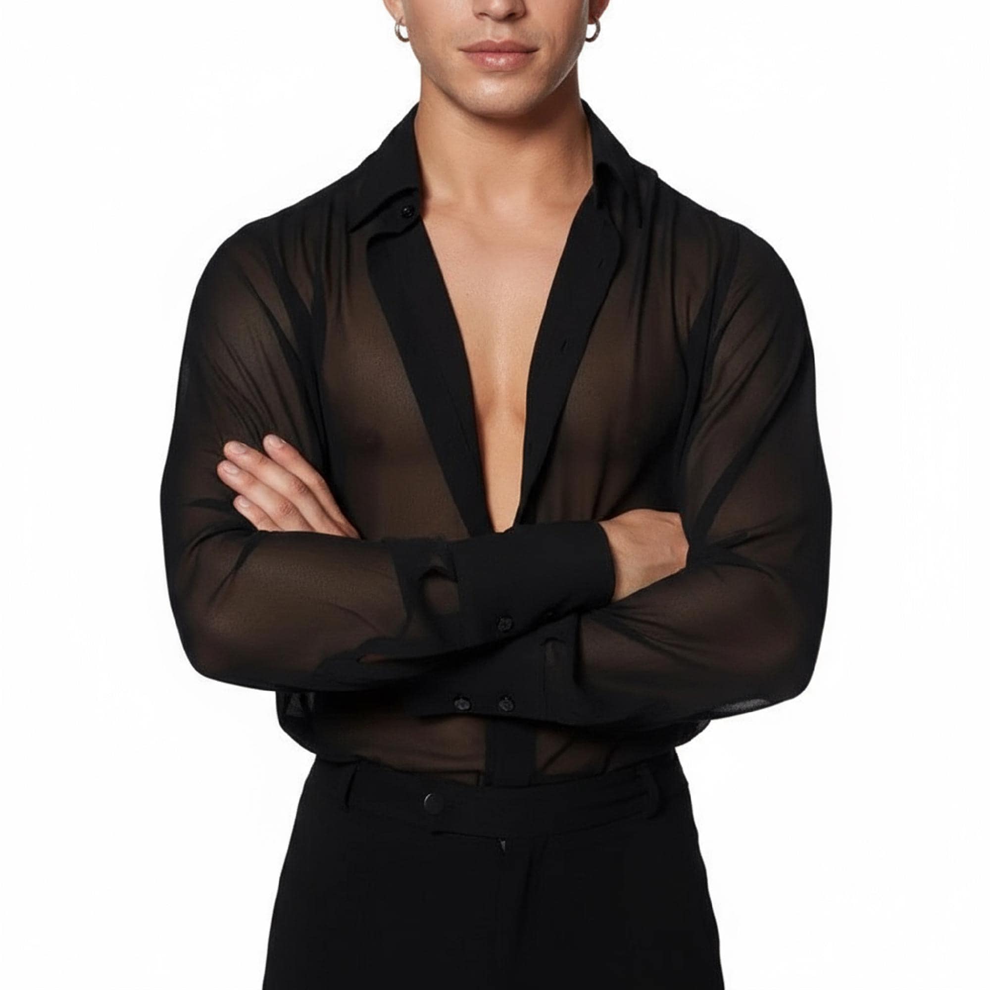 Men's Sheer Black Shirt - See-through Mesh Button Up, Long Sleeve