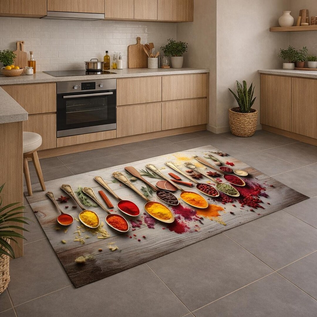 Food On Rug Spice Kitchen Rug, Wooden Spoon Spice Mat, Modern Kitchen Carpet, Chef ...