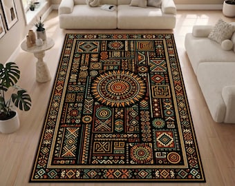 Geometric Tribal Rug, Ethnic Pattern Area Rug, Boho Abstract Carpet, Colorful Living Room Decor, Modern Bedroom Rug, Machine Washable Rug
