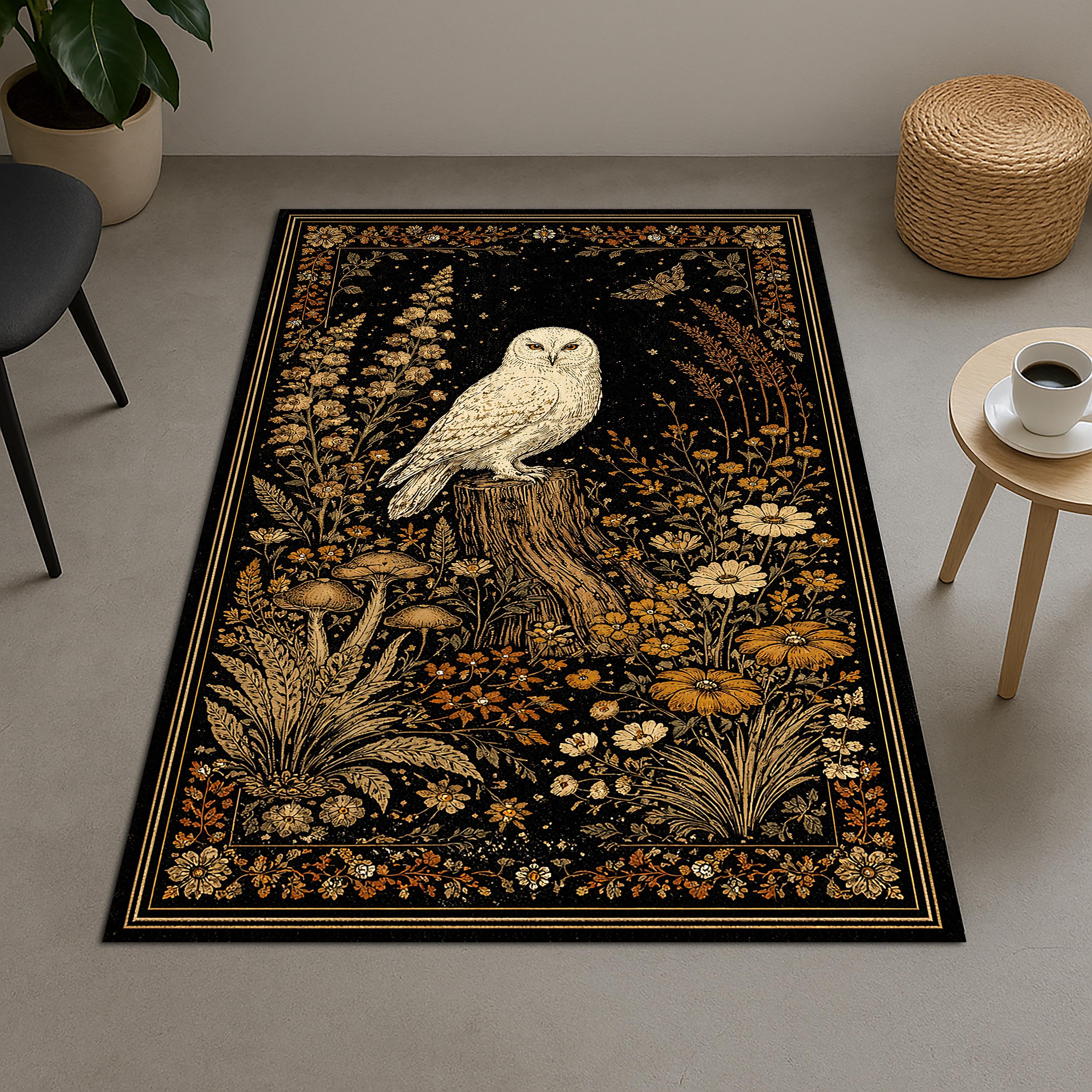 Mystical Owl Area Rug, Dark Botanical Wildlife Carpet, Witchy Woodland Decor, Black Gold Nature Rug
