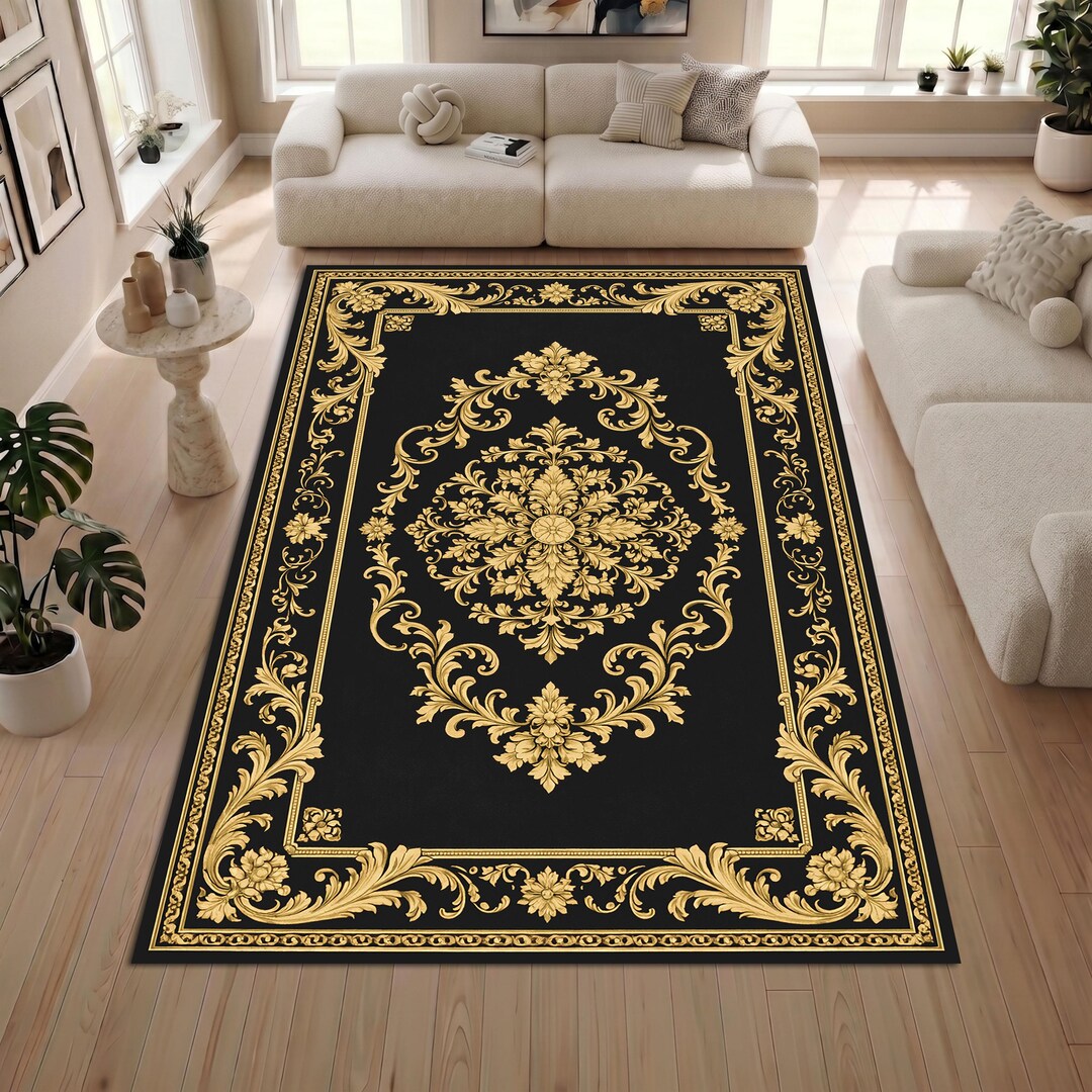 Turkish Pattern Area Rug, Black Gold Ottoman Style Rug, Elegant Baroque ...