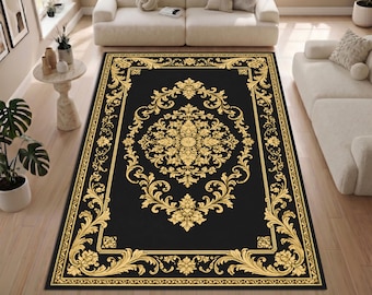 Alfombra con estampado turco, alfombra estilo otomano en negro y dorado, alfombra con elegante diseño barroco, alfombra clásica para sala de estar, alfombra lavable a máquina.