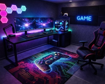 Gaming Room Rug, Gamer Controller Neon Rug, RGB Teen Boy Bedroom Decor, Machine Washable Rug (Non-Slip)