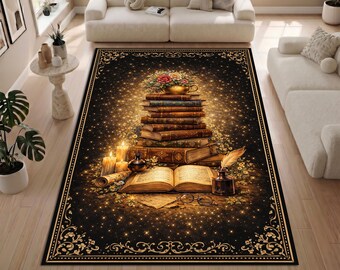 Vintage Book Stack Area Rug, Library Theme Carpet, Antique Books Candle Art Rug, Dark Academia Style Decor, Machine Washable Rug